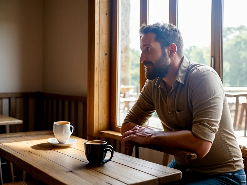 Gros plan d'un espresso dans un café d'Orléans pendant un rendez-vous de networking freelance, avec un homme flou en arrière-plan