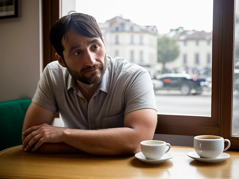 Freelance timide sur le point d'entrer dans un déjeuner réseau à Orléans, mains crispées avant le premier rendez-vous
