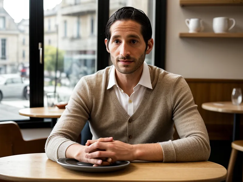 Une carte de visite de graphiste posée sur une table de café lors d'un meetup.